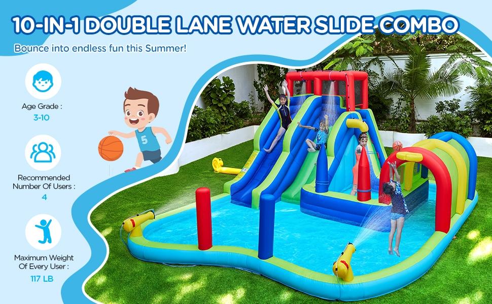 Yaheetech 10-IN-1 Inflatable Water Slide, Double Lane Giant Water Slide Combo w/Long Tunnel & Climbing Wall & Punching Bags & Ring Toss Game, Water Slide Combo W/ Storage Bag & 650W Blower, for Kids Aged 3 To 10
