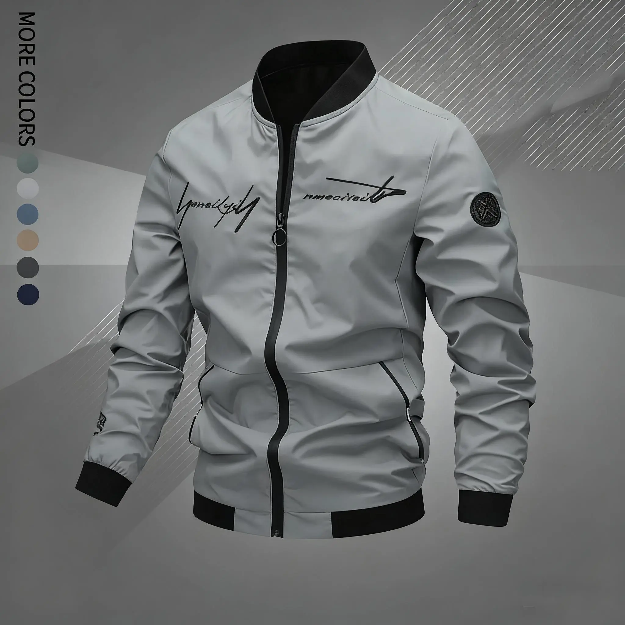 Men's Regular Fit Letter Embroidered Zip Up Pilot Jacket, Autumn Winter Casual Long Sleeve Windproof Baseball Collar Coat, Men's Everyday Wear, Men's Jacket, Black Casual Outdoor Jacket, Suitable for Work, Travel,  Coats Menswear windbreaker jacket Casual
