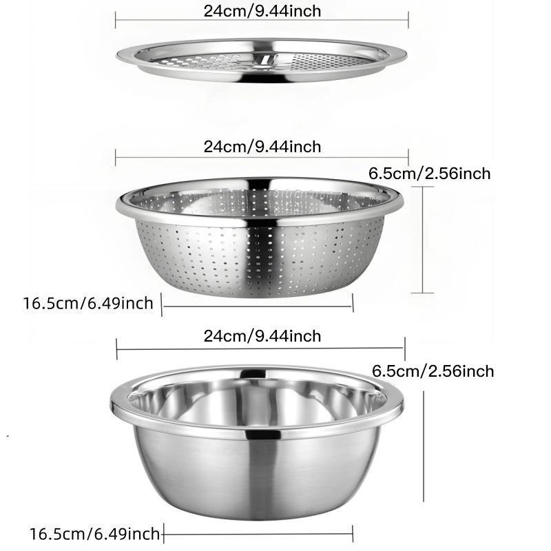 3-In-1 Stainless Steel Multi-Functional Strainer Set, Includes Basin/sieve/cutter, Ideal for Washing Rice Fruits Vegetables Kitchen Essentials
