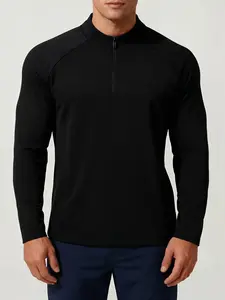 Men's stand-up collar shoulder-spliced health-polished sports sweater, semi-zipper long sleeves, antistatic versatile bottoming top, suitable for cycling, running, fitness training