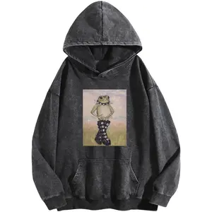 Holafish Women's Rocking Frog Print Acid Wash Hoodie Vintage Sweatshirt Oversized Loose Fit Winter Warm Streetwear Casual Tunic