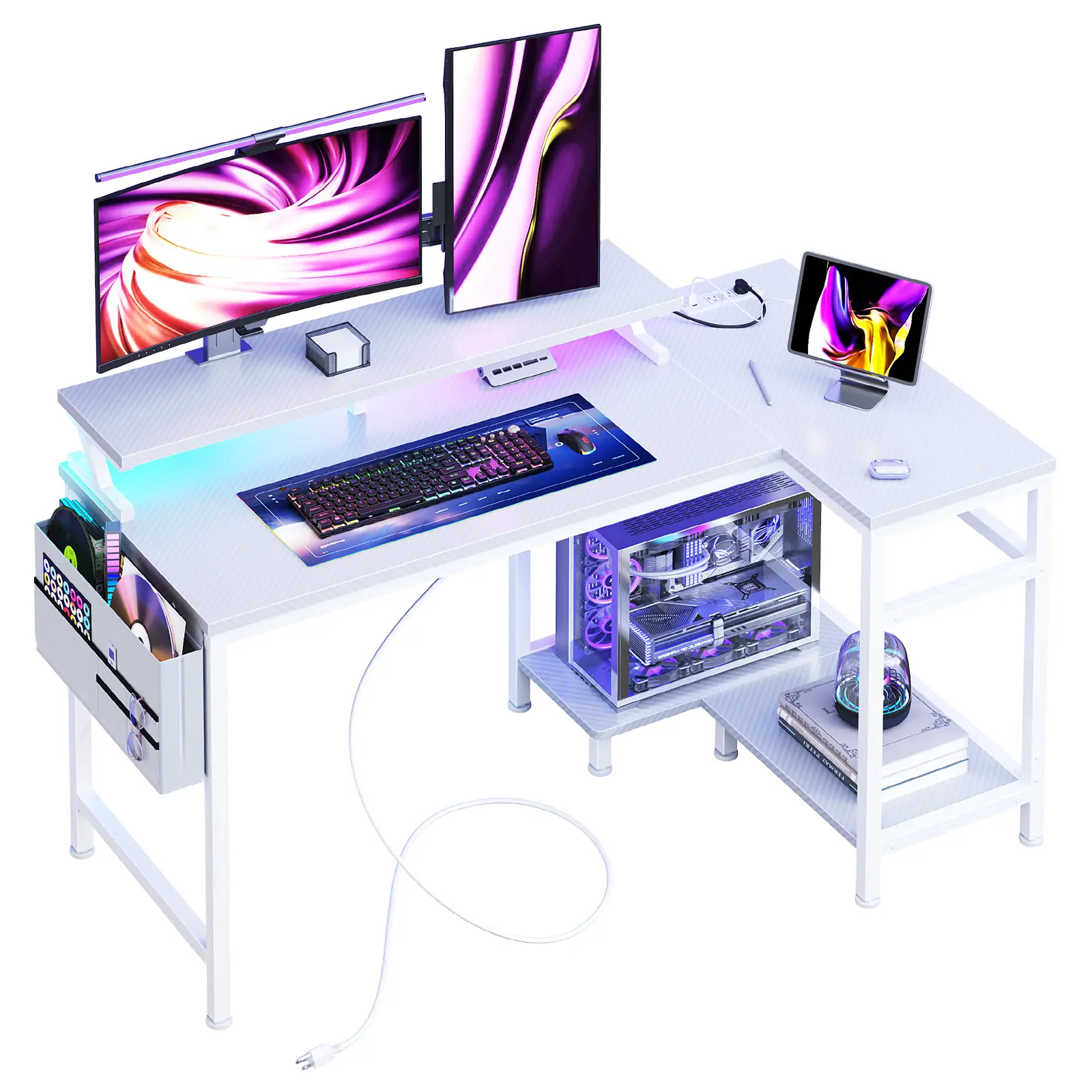 Sweetcrispy Reversible L-Shape Gaming Desk - Home Office Furniture Computer Table with Scratch-Resistant Top, Steel Frame, USB/Type-C Ports, Power Outlets, LED Lighting, Storage Shelves, Monitor Stand, Quick Setup, Dual-Monitor Compatible