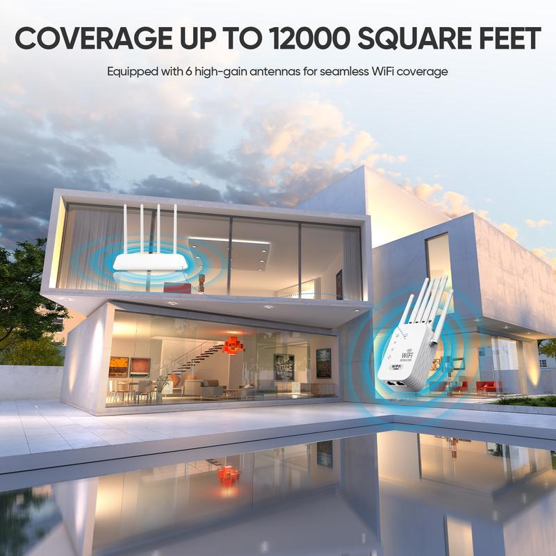 WiFi Extender 2025 6-Antenna Strong Signal, 1200Mbps Dual Band (5GHz/2.4GHz) Booster, Covers 12,000 sq. ft & 100 Devices, Repeater with Gigabit Port & AI Connectivity, Ideal for Home Studios, Remote Workspaces, VR Areas