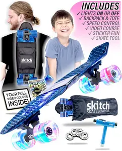 Skitch Skateboard Complete for Kids Ages 6-12 Beginners Mini Cruiser with LED Lights