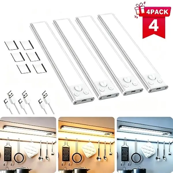 Under Cabinet Lighting, 68LED 1800mAh Motion Sensor Lights Indoor, 3 Color Wireless Dimmable Rechargeable Battery Operated Closet Lights, Magnetic Under Counter Light Fixture for Kitchen Stair Led Strip fathersdaygifts