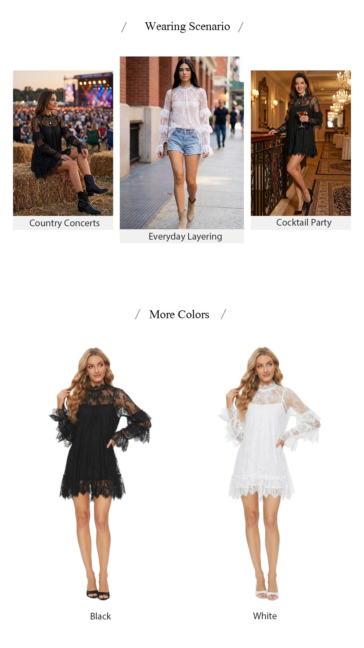 Women’s Sheer Black Lace Mini Dress, Long Sleeve Crew Neck Elegant Cocktail Dress with Ruffled Hem,Easter dress, Slim Fit Party & Evening Wear