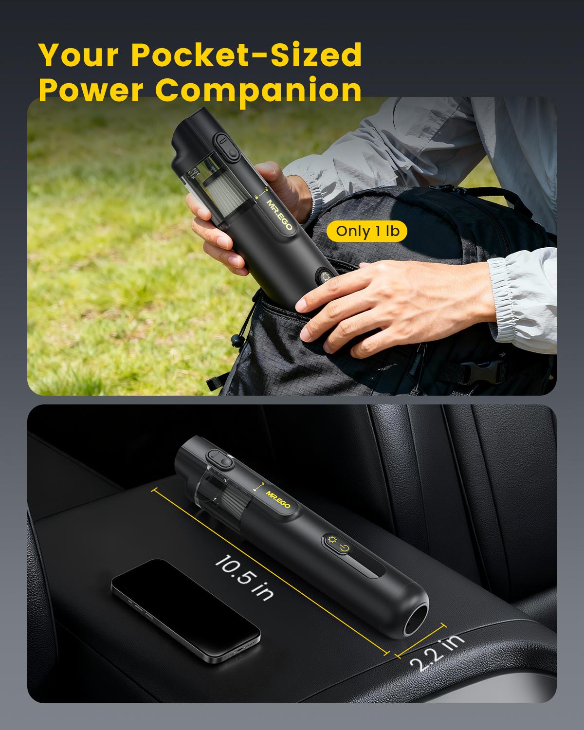 MR.EGO 20000Pa, Car Vacuum Portable Cordless, 4-in-1 Mini Vacuum Cleaner with 20,000Pa Powerful Suction, Green LED Light, Type-C Charging, 2 Suction Modes, Ultra-Light for Car, Home, Desk, Keyboards (Black)