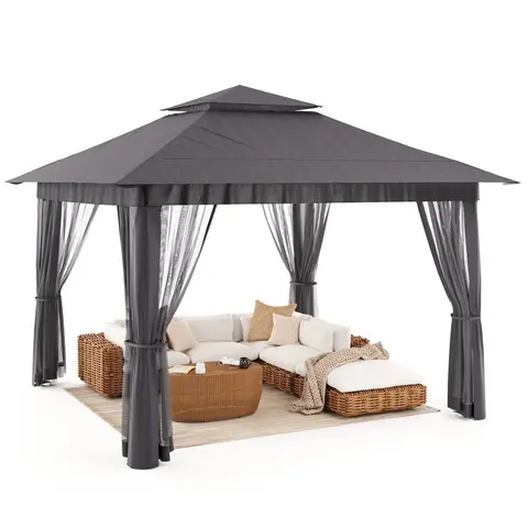 Gizoon 11x11 Pop Up Gazebo Tent Sunshade Canopy, Mosquito Block Wall, UV-Safe PU Cover, Zip-Open Mesh, Adjustable Shade, 121 Sq Ft Room, 4 Sandbag Steady, 7-10 Person Space, Instant Setup, Roll-Pack Storage Roller Bag, Grey for Patio Lawn