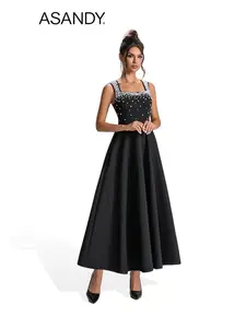 ASANDY Black Pearl Embellished Square Neck Sleeveless Flared Maxi Dress for Elegant Wedding Guest Evening Date Night Gown
