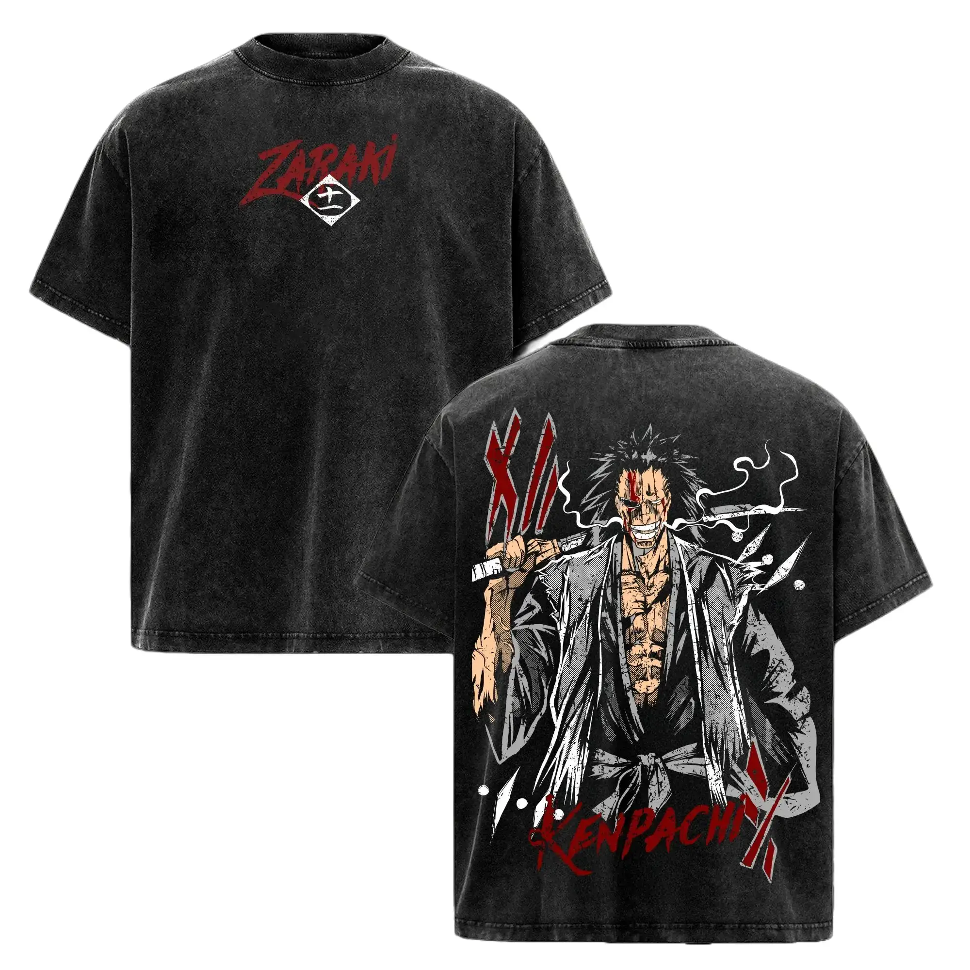 Men's Short-Sleeve Kenpachi Zaraki Bleach Graphic T-Shirt - Menswear Vintage Washed Oversized Dark Streetwear Soft Cotton Acid Wash Unisex All-Season Casual Top, Gift for Bleach Fans, Shortsleeve