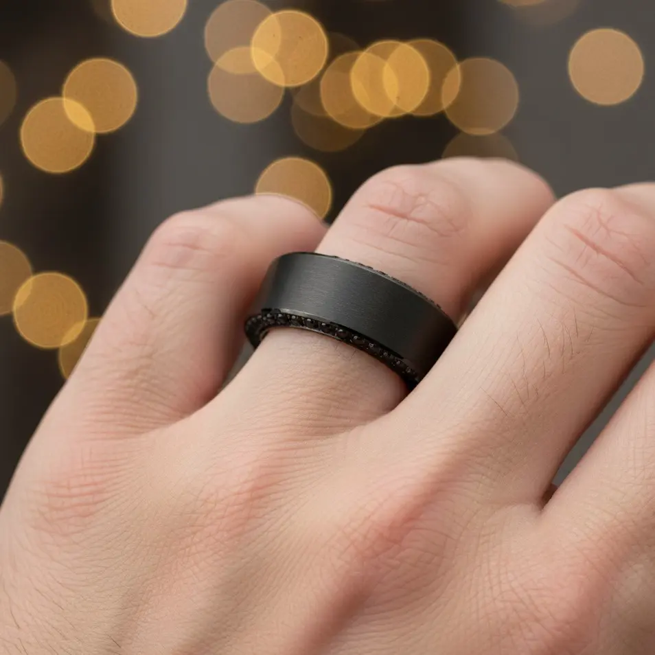 Black Titanium Men's Wedding Band With Black CZs on Both Sides Men’s Wedding Band 8mm Titanium Ring Engagement Ring Unique Wedding Ring