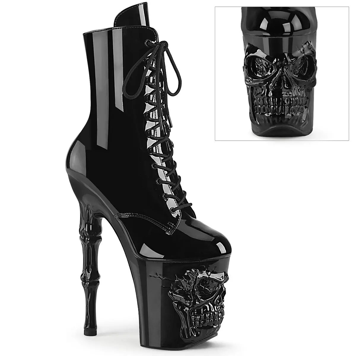 Pleaser Women's Rapture-1020 Goth Aesthetic Ankle Boots - 8" Finger Bone Heel, 4" Skull Platform, Lace-Up Design, Side Zip, Ankle Boot