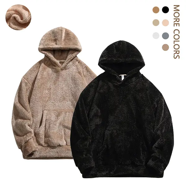 One piece Men's winter fleece thick casual loose and comfortable Arctic fleece hooded sweatshirt, Men's warm outerwear hooded clothes, Men's Solid Pocket Long Sleeve Fuzzy Hoodie, Cozy Fall Outfits
