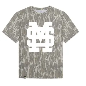Mossy Oak Washed Out Camo Tee White MSU Letter Printing Original Bottomland Pattern, White MSU Printing Mossy Oak Original Bottomland Short Sleeve Camo Shirt