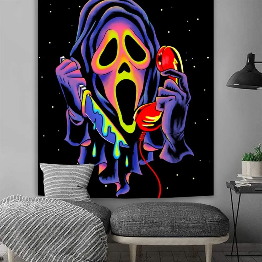 Scary Ghost Face tapestry pattern, Fun Lightweight Decoration wall hanging, dopamine art outdoor tapestry, suitable for living room, bedroom, college dorm, trippy room decor Halloween, creative gift Hanging Tapestry,bedroom decorative accessories