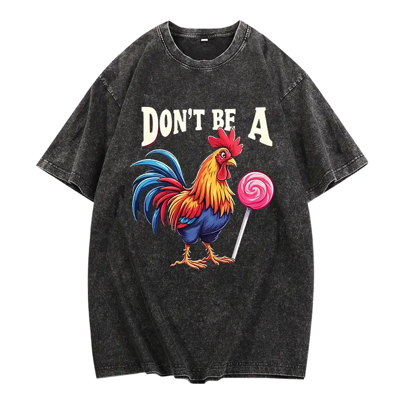 Men'S "Don't Be a Sucker" Cotton Vintage washed cotton T-shirt - Funny Rooster & Lollipop Graphic, Casual Short Sleeve, Black, 220g/ ㎡ , Novelty Gift for Him, Everyday Tshirt | Humorous Graphic Tee | Cotton Tshirt