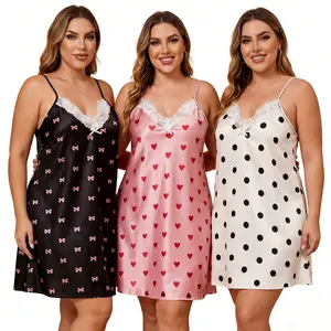 3PCS Plus Size Lace sexy Nightdress V-Neck Heart Print Pajama Sets Women's Breathable Sleep Set women silky nightgown sexy night gown sleeveless nightdress indoor wear lingerie elegant nightwear house dress  christmas pajamas Loungewear Womenswear 1XL-4XL