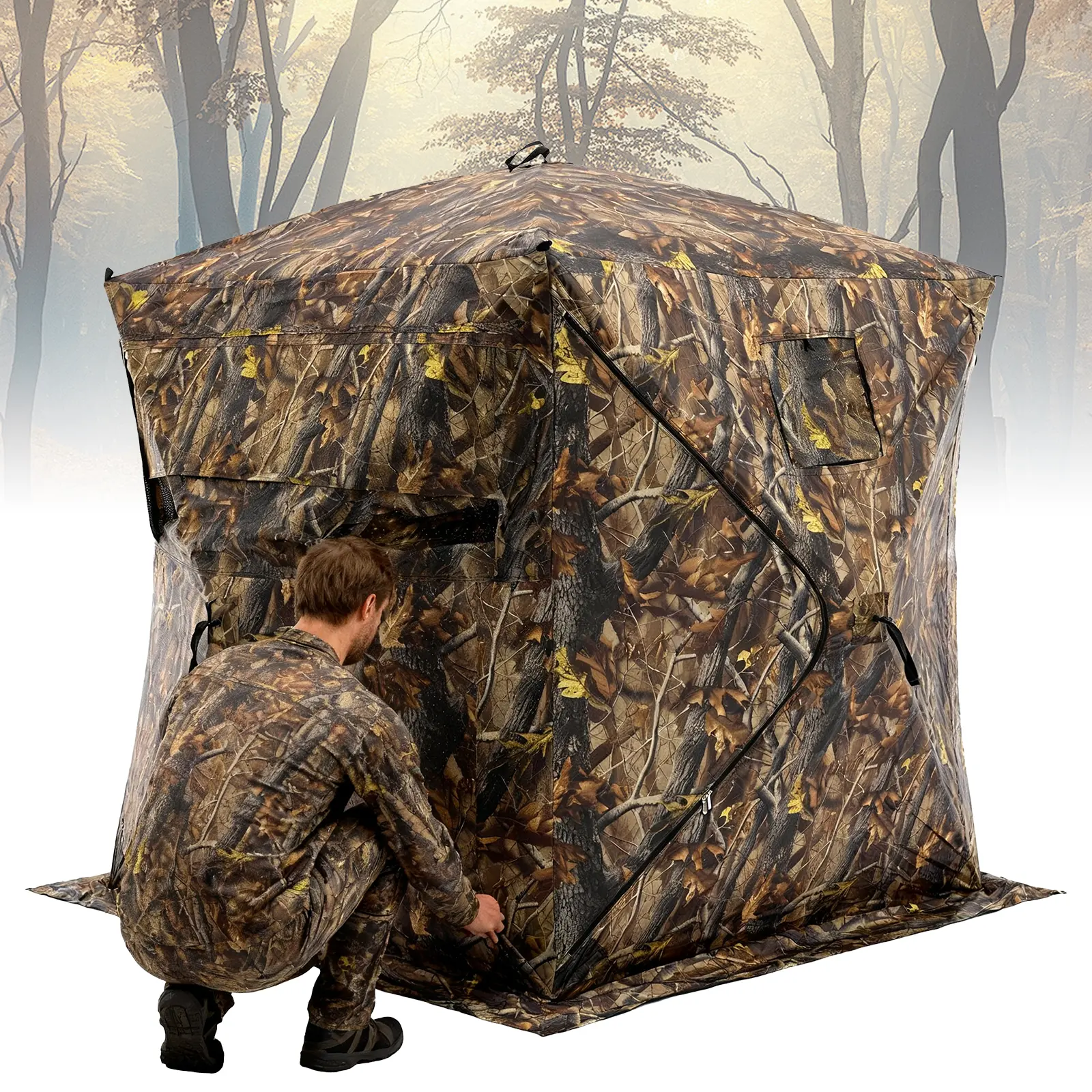 Sweetcrispy Waterproof Oxford Fabric Outdoor Hunting Blind for Hunters, 2-3 Persons Pop-Up Instant Setup Ground Shelter, 270° See-Through Surveillance, 58" x 58" (58x58 in) Ample Room, All-Weather Anytime Ready, Silent Windows, Transport Bag