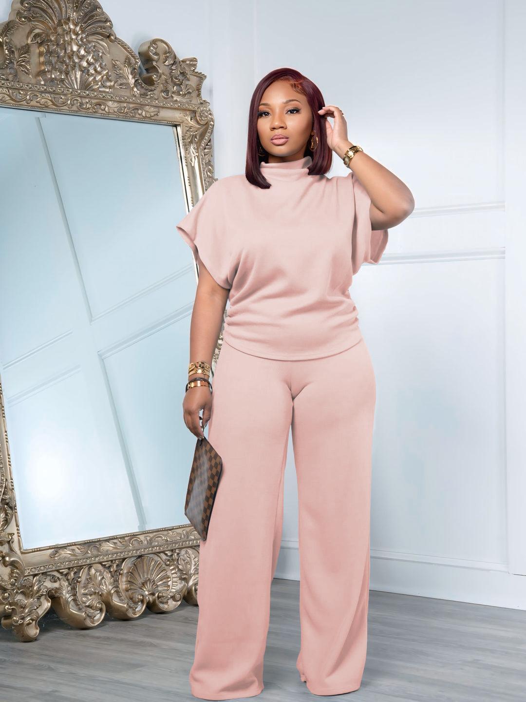 USBoutique Chic Women Summer Lightweight And Silky Soft Set Two Piece Casual Set Short Sleeved Semi High Neck Loose Top Wide Leg Pants Set