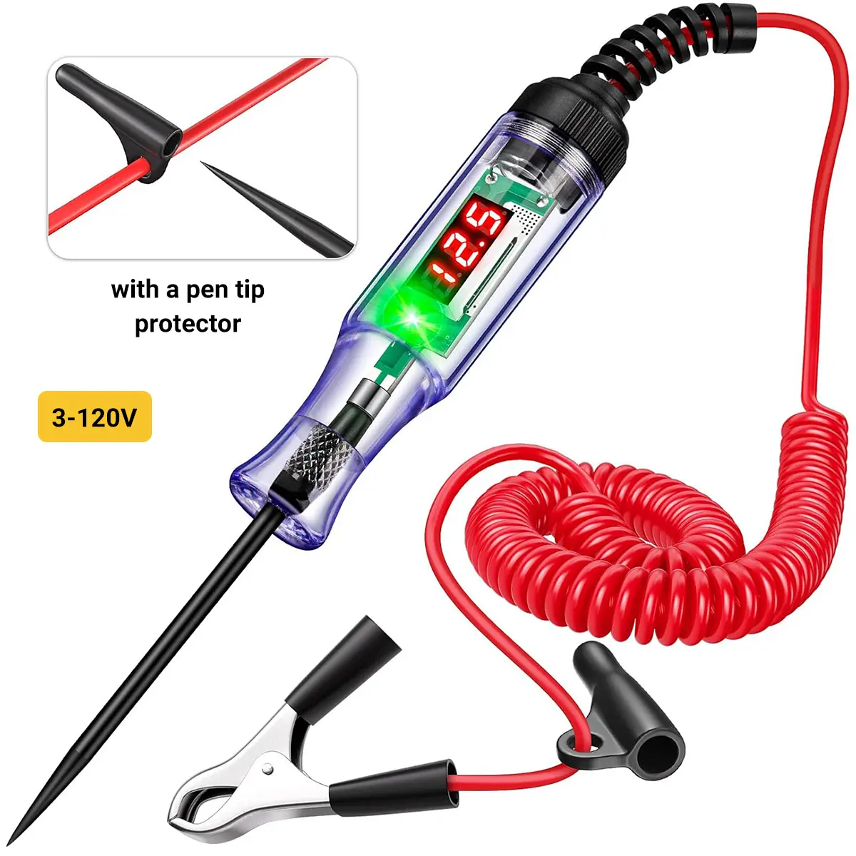 Digital LED Automotive Test Light 3-120V - Bidirectional Polarity Voltage Tester, Diagnostic Tool with Extended Probe, Spring Wire, Alligator Clip, Voltage Monitor for Car, RV, Truck Fuse Checking, Electronic Repair Tool