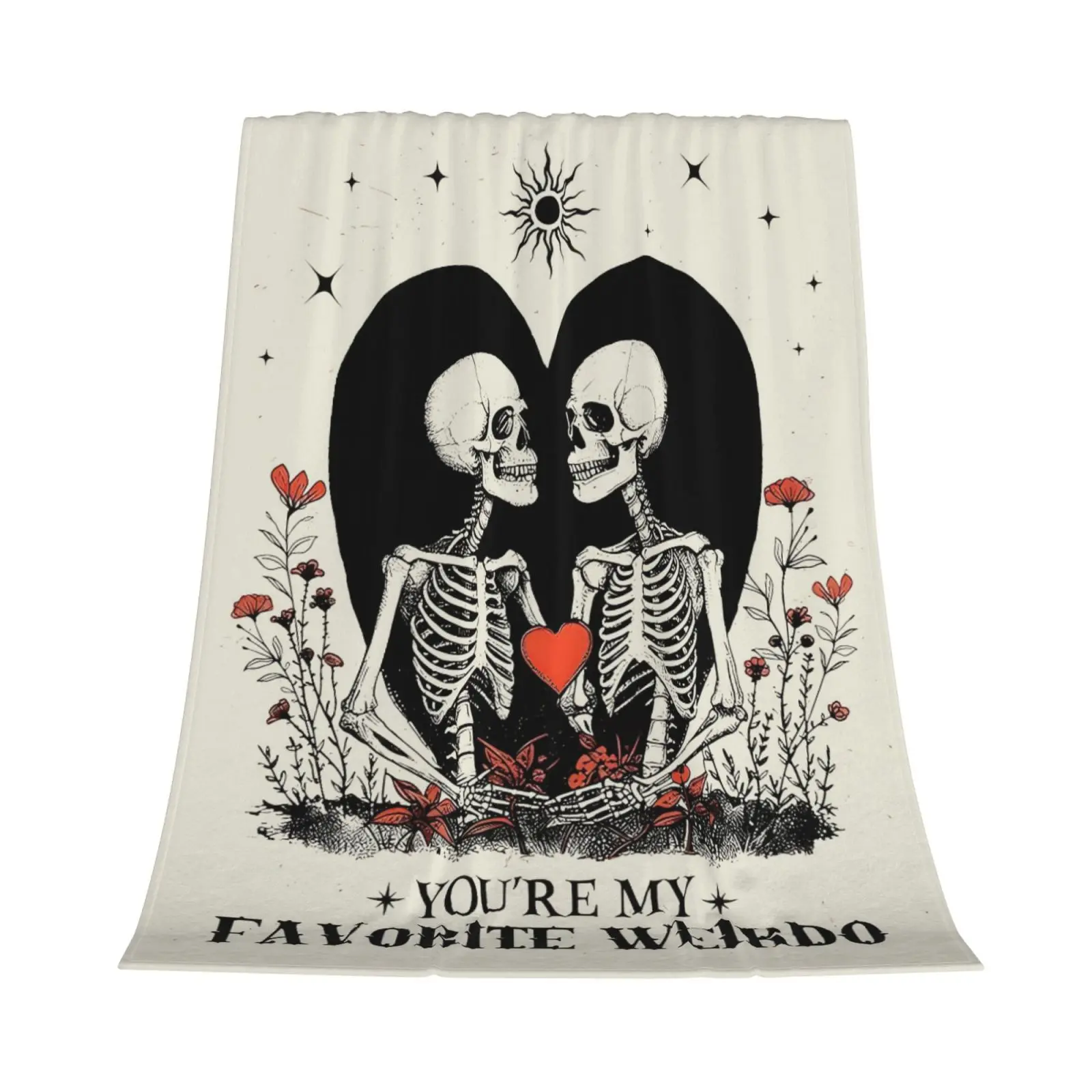 PAUSEBOLL Romantic Skeleton & Heart Flannel Throw Blanket - Cozy Warm Polyester Decorative Blanket with Gothic Skeleton Couple Design, "You're My Favorite Weirdo" Slogan Print, Couple Gift for Wedding, Anniversary