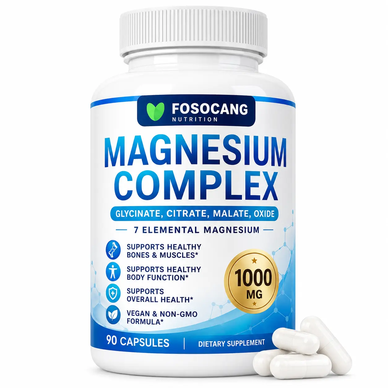 FoSoCang 1000mg 7-Elemental Dietary Magnesium Complex - Non-GMO Multi-Mineral Supplement with Calcium & Vitamin, 90 Capsules for Bone Health, Calming Support & Fitness