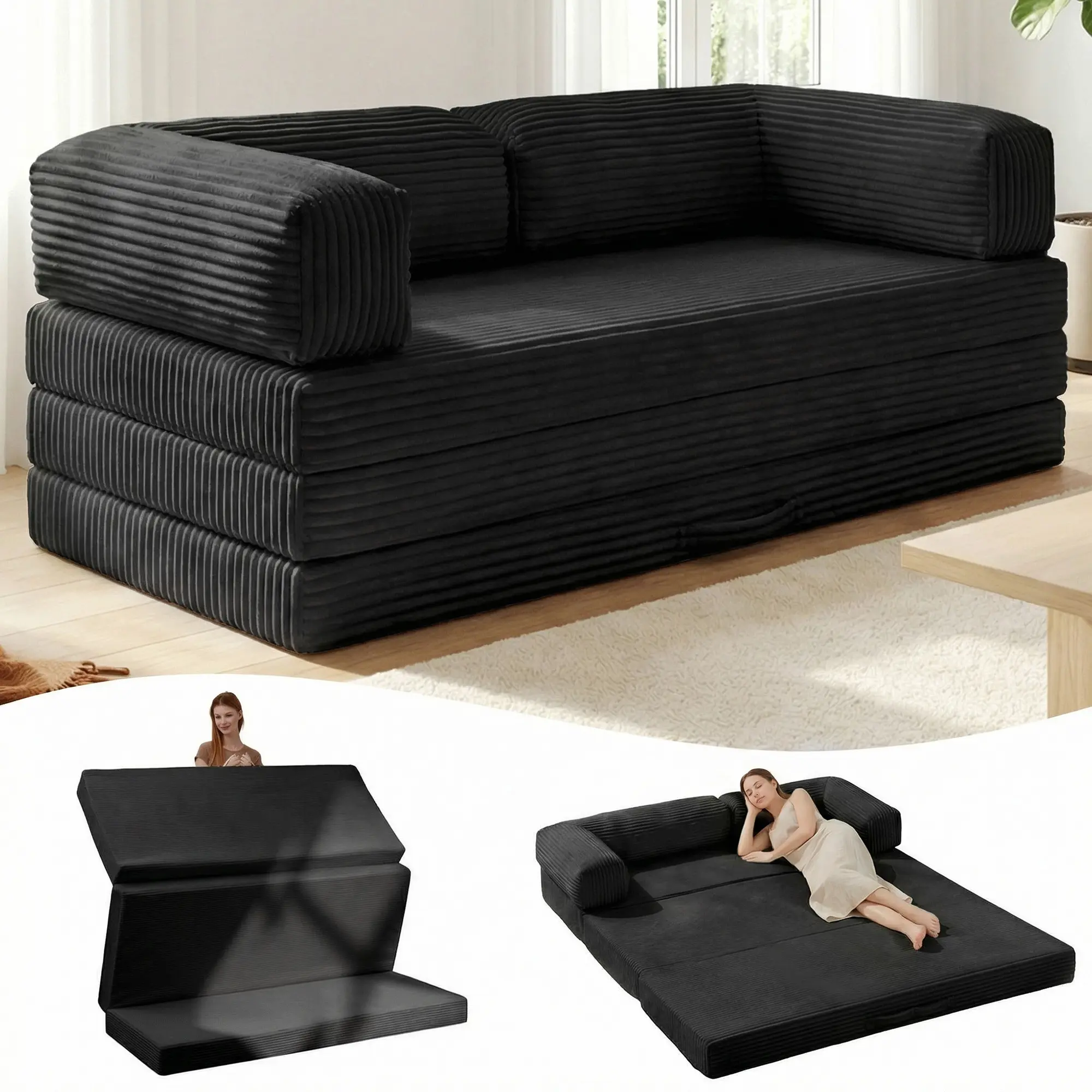 Winzoo 5-in-1 Convertible Folding Sofa Bed Tri-Fold Mattress with Armrests Boneless Floor Sofa Futon Couch for Living Room Bedroom Apartment
