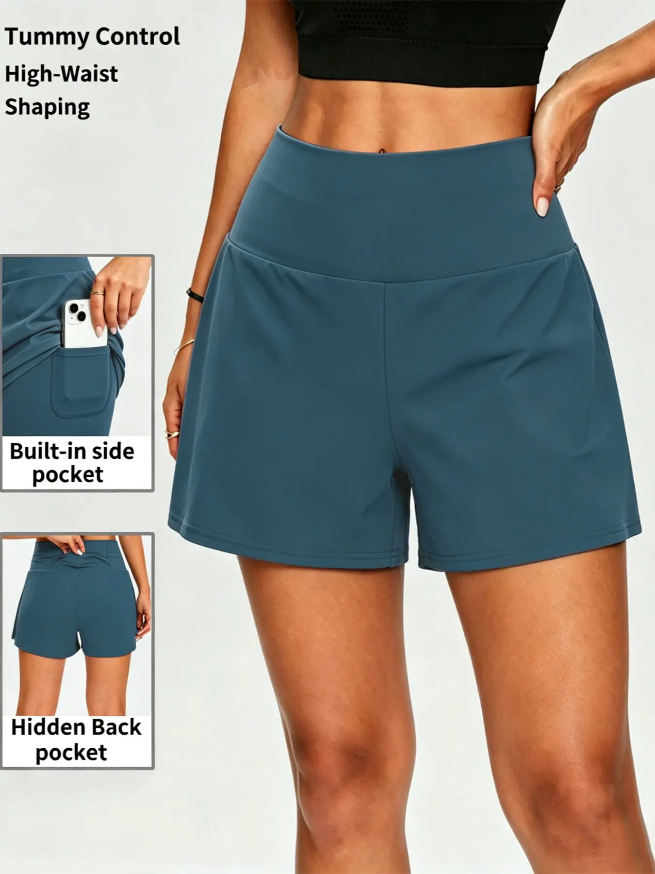 K1139-（4） High-Waisted Sporty Shorts, Activewear Shorts, Nylon Material, Pockets, Yoga & Fitness, Daily Wear, Loose-Fitting, Universal Sports Type, Elastic Sporty Shorts