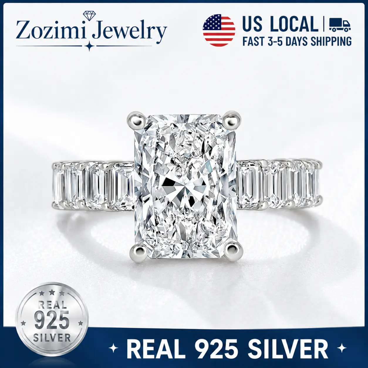 S925 Sterling Silver 6CT Radiant Cut Engagement Ring for Women, Luxury 5A Cubic Zirconia Eternity Band, Wedding Promise Ring Jewelry, Beautiful Rings, Elegant Fashion Rings