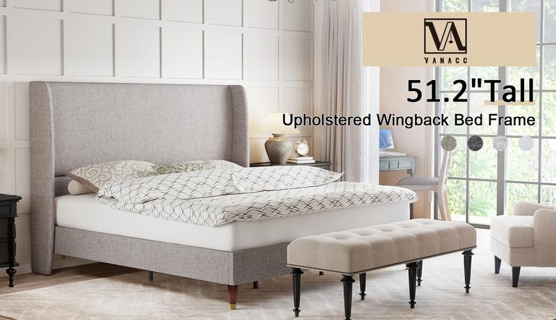 AMERLIFE Platform Bed Frame with 51.2" Tall Linen Headboard, Upholstered Bed with Wingback/Solid Wood Legs/Durability& Silent /No Box Spring Required/Luxury Bedroom Furniture Design /Full/Queen/King Size/Best Gift Ideas/Christmas Gifts