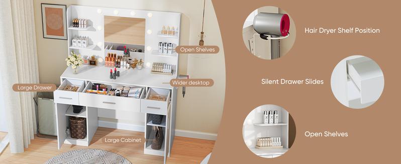 Vanity Desk with Adjustable Lighten Mirror & Power Outlet, Makeup Desk for Bedroom with a Storage Stool and 3 Drawers, 4 Storage Shelves, White Dresser