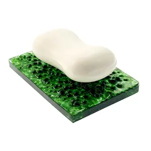 Green Crystal Soap Rack,Soap Dish Rectangular Textured Holder with Natural Green Bead Inclusions Handcrafted Bathroom Tray Modern Decor Accessory