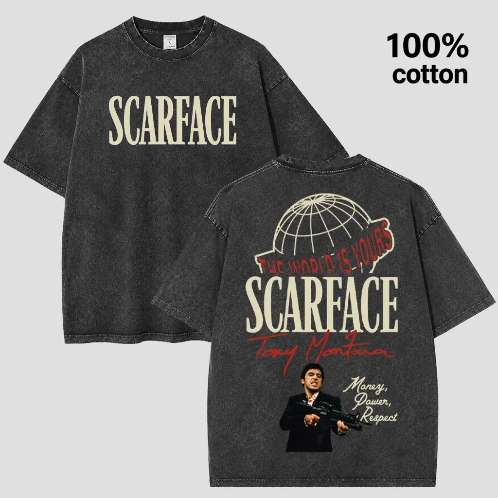 Vintage Washed "Scarface" T-Shirt - Tony Montana "The World Is Yours" Graphic Tee - Oversized Retro Streetwear