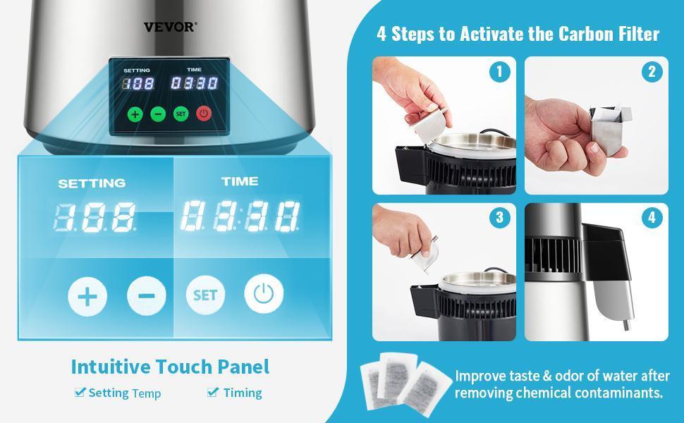 VEVOR 1.1 Gal Water Distiller, 0.3 Gal/H, 750W Distilled Water Maker Machine 0-99H Timing Set Temp Display, 304 Stainless Steel Countertop Distiller Glass Carafe Cleaning Powder 3 Carbon Packs, Silver