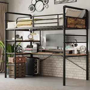Garvee Loft Bunk Bed with L-Shaped Desk, Twin Loft Bed with Desk Underneath, Metal Bunk Beds with High Guardrail and Ladder, Easy Assembly, Vintage Brown Finish for Teens and Adults