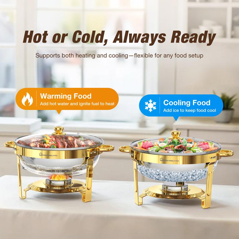 WARMOUNTS 5QT Gold Chafing Dishes for Buffet with Glass Lid, Round Stainless Steel Chafers and Buffet Warmers Sets with Lid Holder, Rolled Edge Design, for Catering Events, Parties, Weddings (2/4Pack)