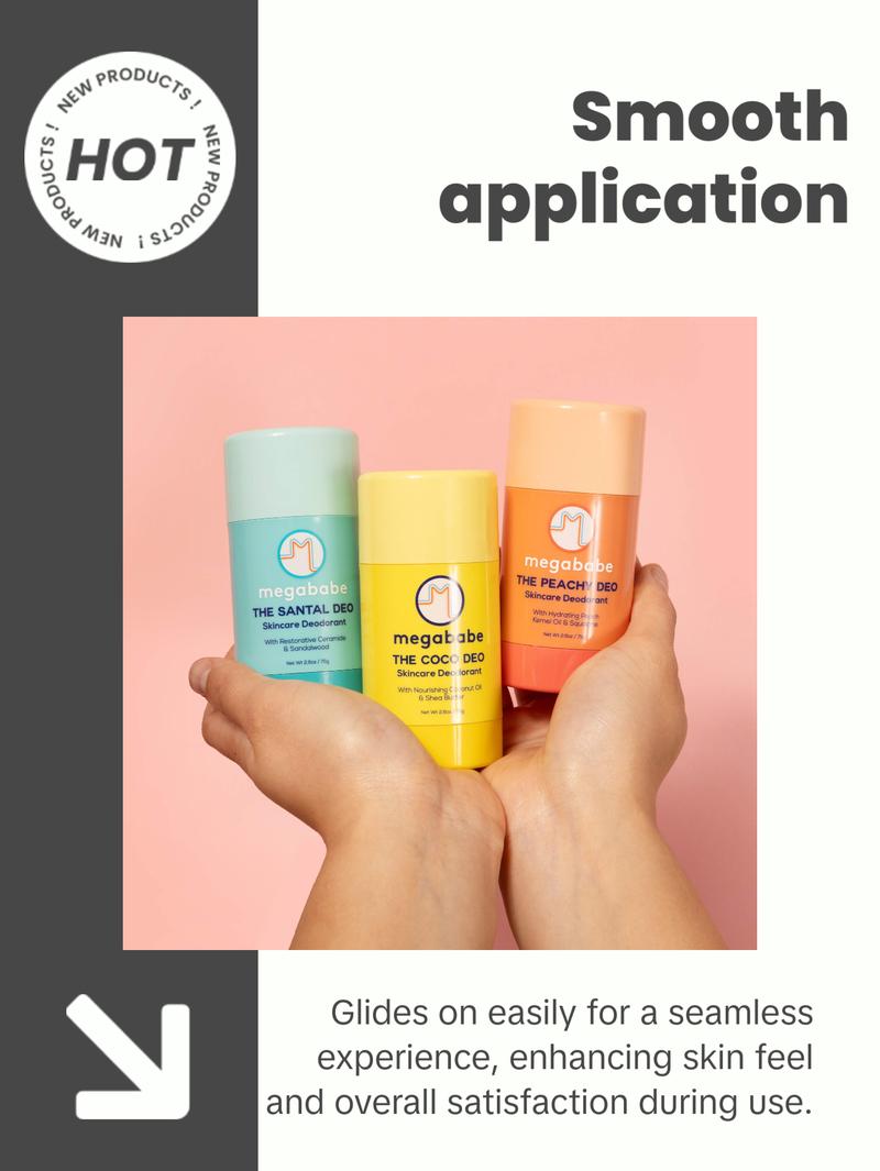 Megababe Scent-sational Deo Trio - 3 Skincare Deodorants with 72 Hour odor protections | The Santal Deo, The Coco Deo, The Peachy Deo