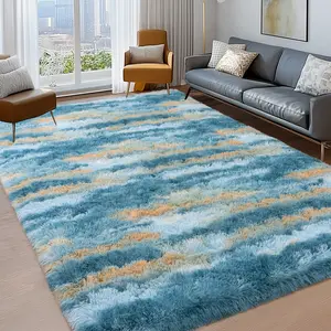 Blue Yellow Silky Rugs, Ultra Soft Shaggy Fuzzy Throw Cute Large  Fluffy Area Rug for Living Room Bedroom Girls, Modern Pastel Plush Nursery Toddler Kids Dorm Floor Carpets, Non Slip Washable Easy Clean Durable, High Traffic, Pet-Friendly, Non-Shedding