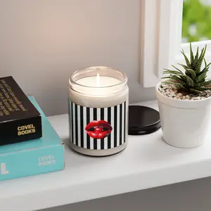 Red Glossy Lips on Black White Stripes Candle | Soy 9oz