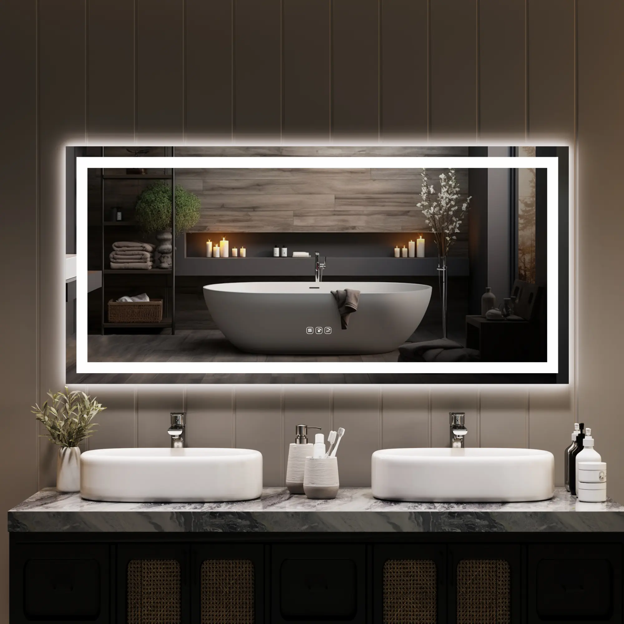 55x26in Touch Dimmable LED Bathroom Vanity Mirror - Front & Backlit, 3-Color Lighting, Memory Function, Anti-Fog, Shatter-Proof, Wall-Mounted, Horizontal/Vertical Installation, Touch Dimmable Mirror