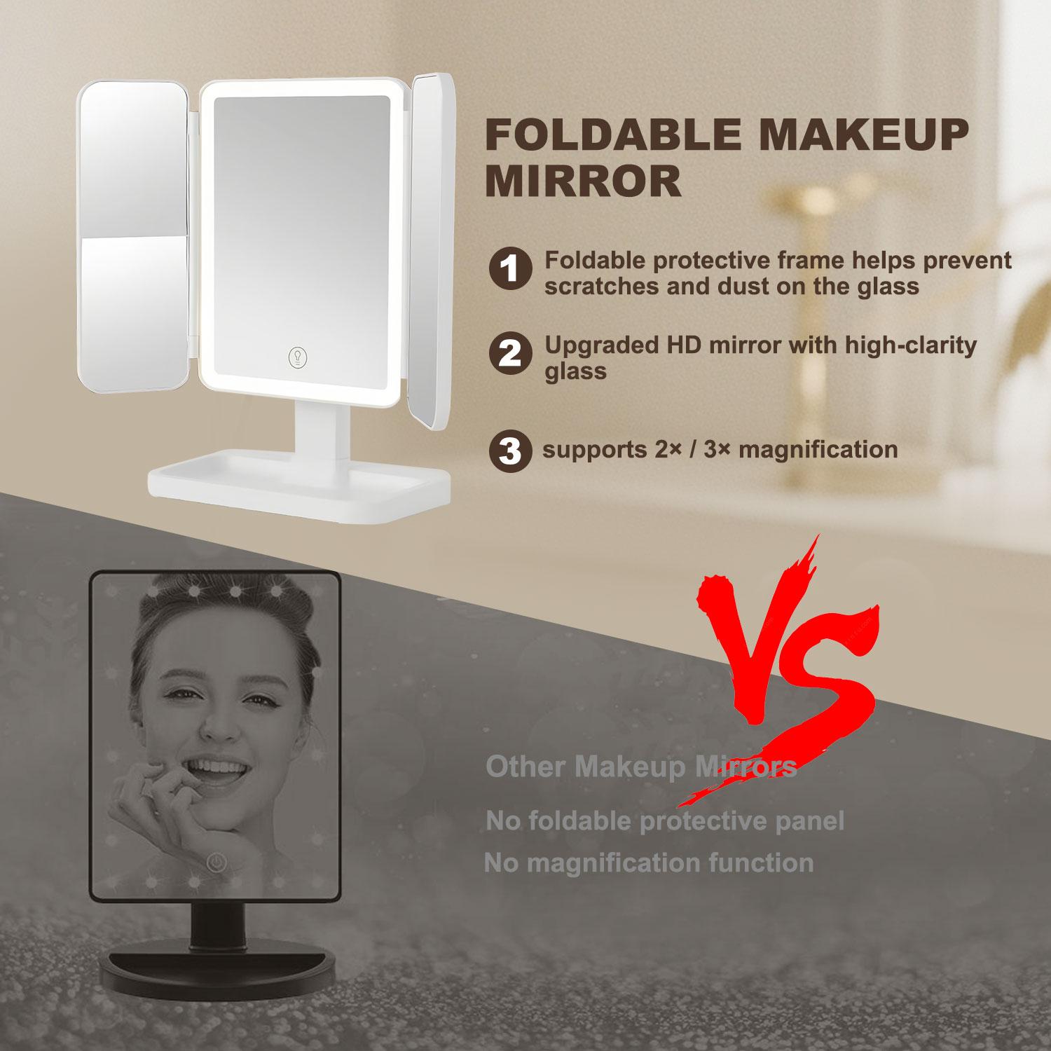 Foldable LED Makeup Mirror with 3 Light Modes(White/Warm/Natural Light),2X/3X Magnification,Adjustable Brightness Dimmable Touch Control,360° Rotating,Gift Box,Perfect Gift for Her, Portable Foldable LED Makeup Mirror with 3 Light Modes(White/Warm/Natural Light),2X/3X Magnification,Adjustable Brightness Dimmable Touch Control,360° Rotating,Gift Box,Perfect Gift for Her, Portable