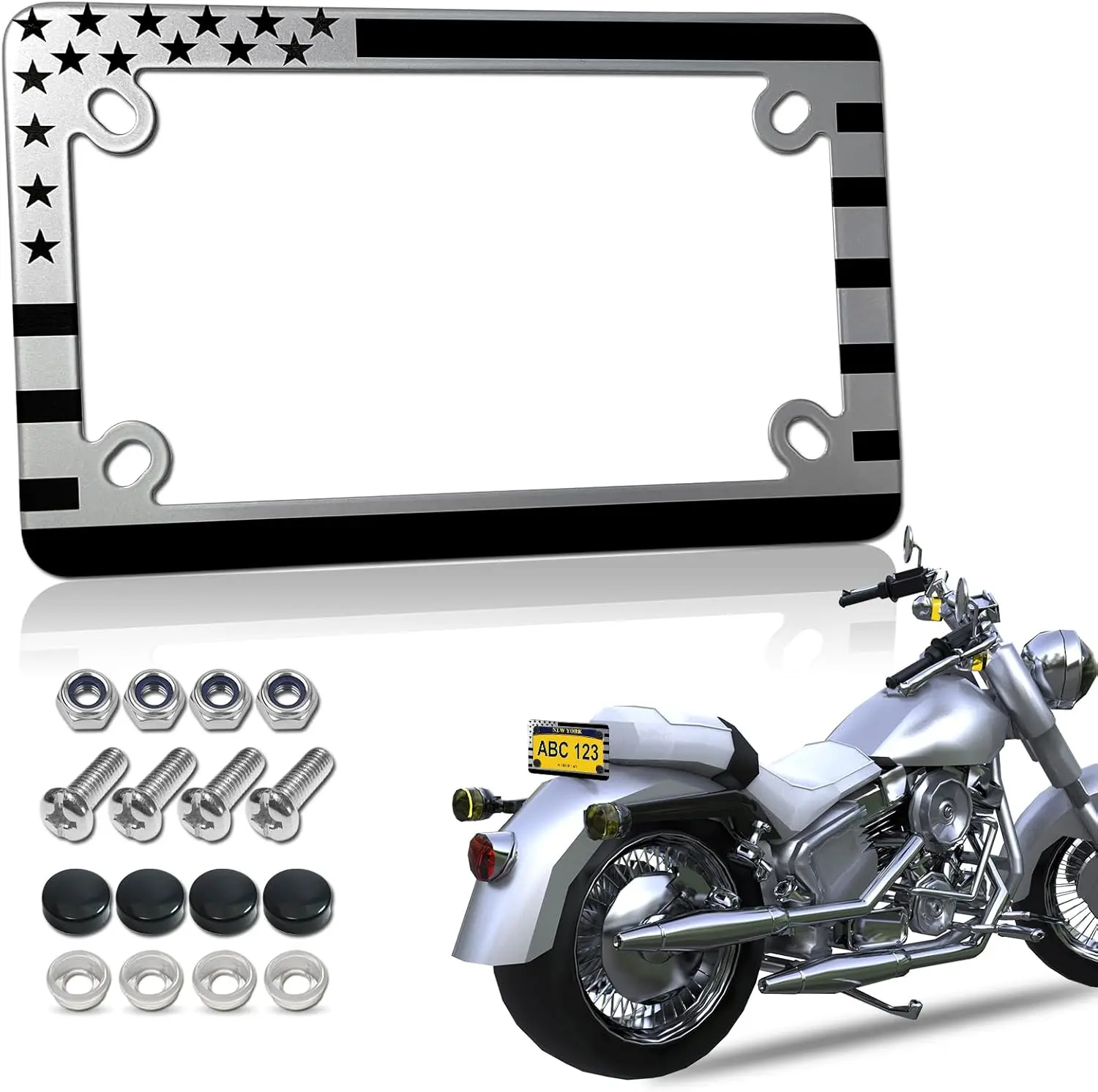 Motorcycle License Plate Frame - US Pride Stainless Steel Motorcycle Tag Holder, Heavy-Duty Metal Bracket with Mounting Screws, Nuts & Caps, 1 Pack, Us Pride / Nation Pride