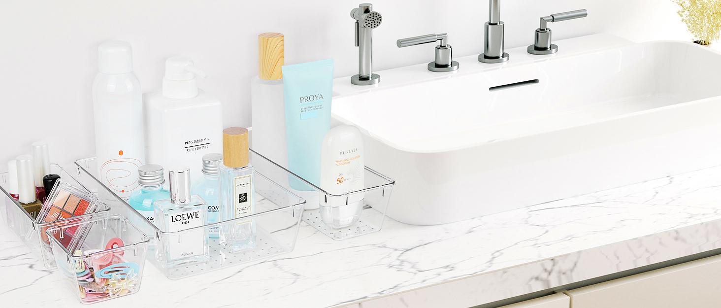 PLL 25 PCS Clear Plastic Drawer Organizers Set, 4-Size Versatile Bathroom and Vanity Drawer Organizer Trays, Storage Bins for Makeup Boxes PLL 25 PCS Clear Plastic Drawer Organizers Set, 4-Size Versatile Bathroom and Vanity Drawer Organizer Trays, Storage Bins for Makeup Boxes