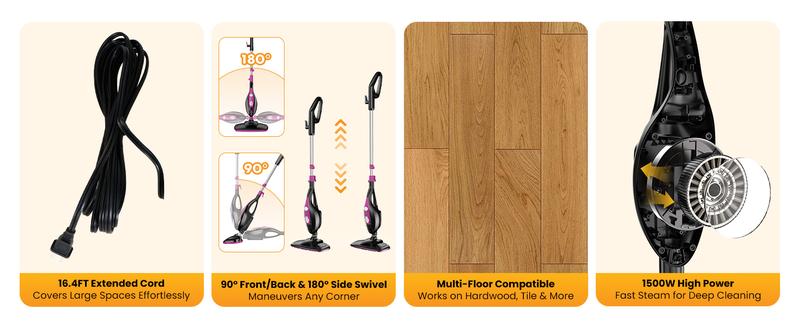 10-in-1 Steam Mop 1550W Detachable Handheld Cleaner for Hardwood Carpet Tile Grout Windows 16FT Cord 2 Washable Pads Multi-Purpose Steamer