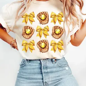 Coquette Softball Shirt, Softball Bow Graphic Tee For Softball Mom Fans, Game Day Cute Sports Style, Soft Cotton, Made In USA, For Youth & Adult