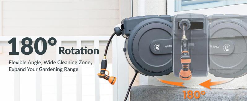 Giraffe Tools Retractable Garden Hose Reel 90ft Garden Water Hose Reel with Metal Bracket, Automatic Rewind System, 3-layer-hybrid hose, Lock at any lenghth Tangle-Free Kink-Free, 9-Pattern Nozzle, 180° Swivel Bracket Wall-Mounted