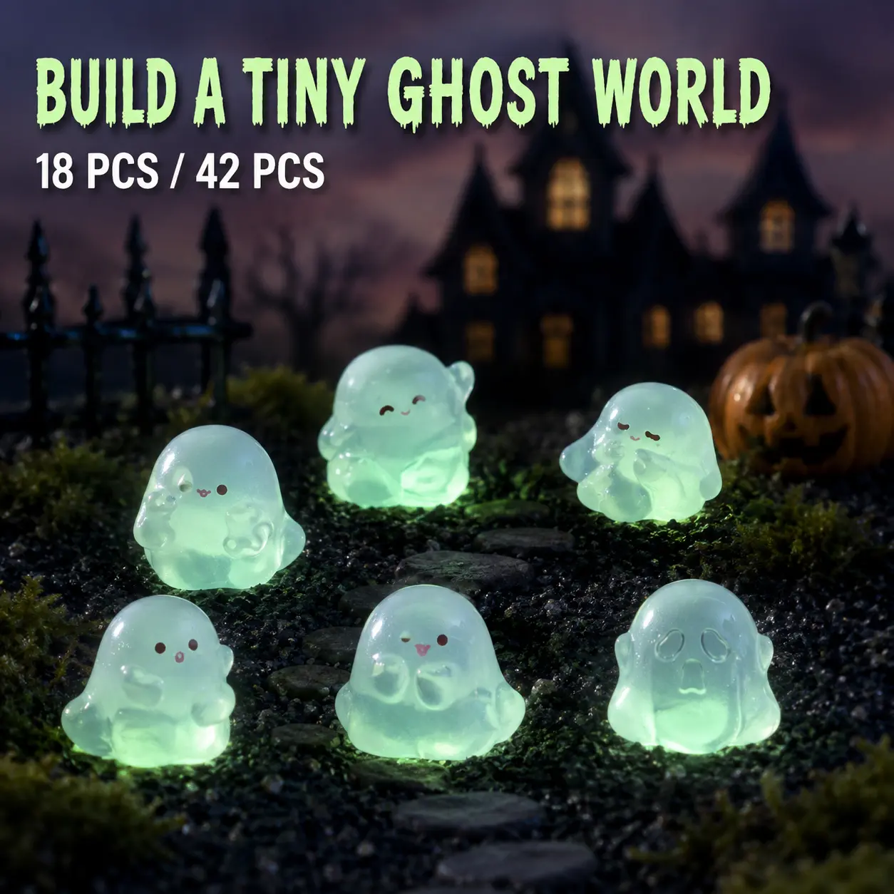 Glow-in-Dark Mini Ghost Figurines Set - 12/18/42PCS Options, 6 Spooky Translucent Resin Shapes, Charming Look Festive Decor for Micro Landscape, Desktop (Indoor Recreation Mini Gifts)