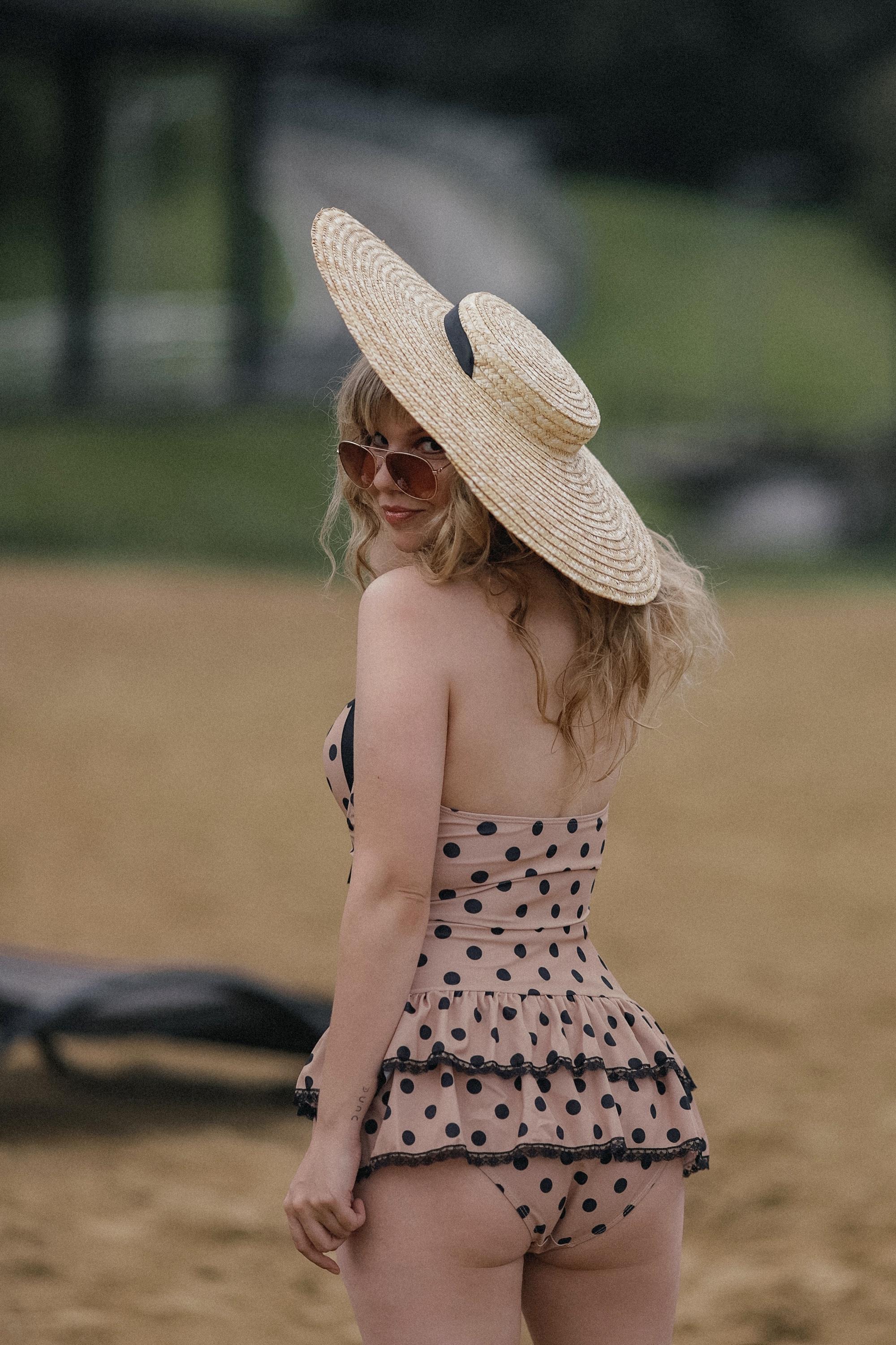 Blue 1940s Halter Polka Dots Bow One-Piece Swimsuit