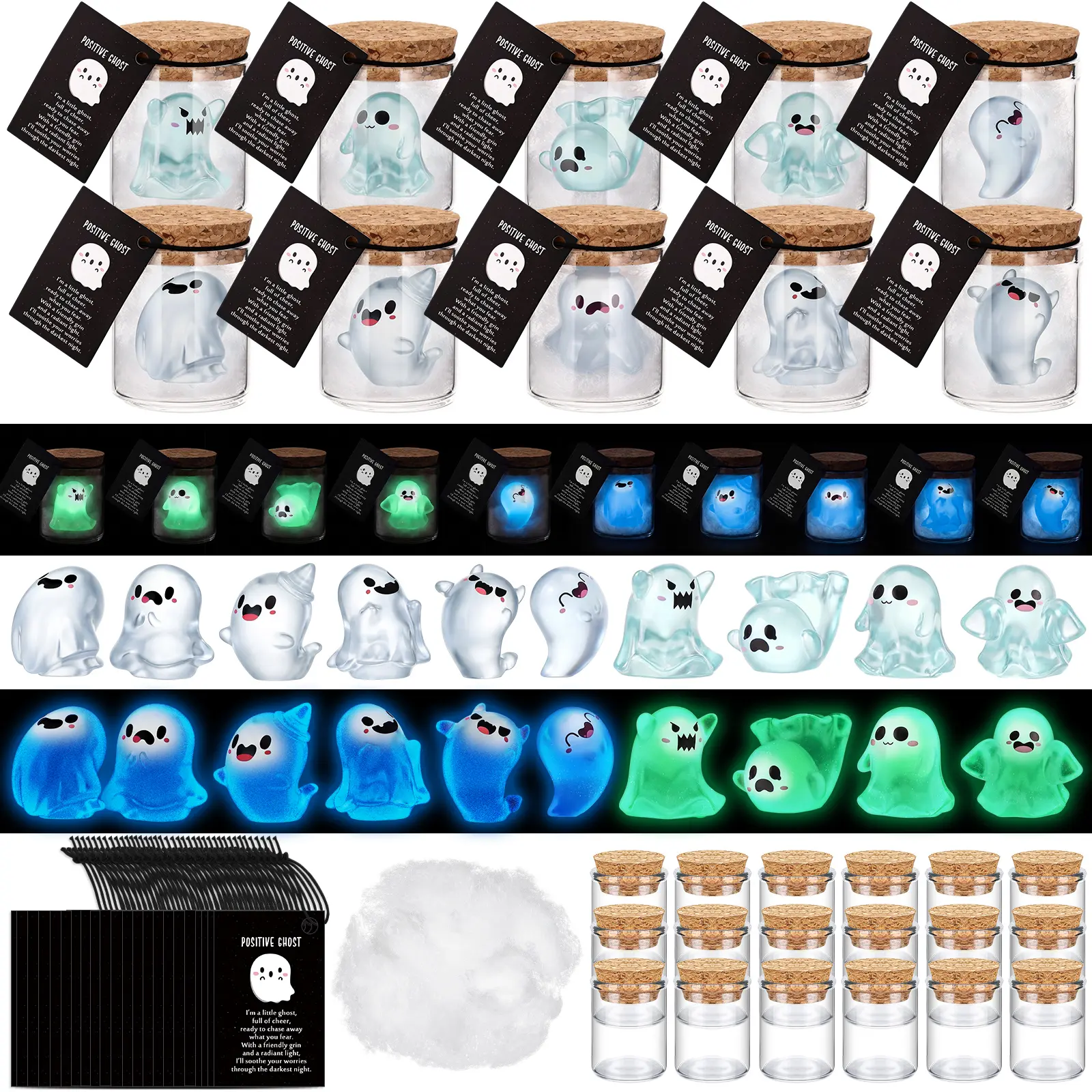 35/50 Sets Luminous Pet Ghost in a Bottle Halloween Favors Positive Cute Glow Ghost Resin Figures with Positive Support Boo Pun Cards Tiny Miniatures for Basket Stuffers Desk Decor