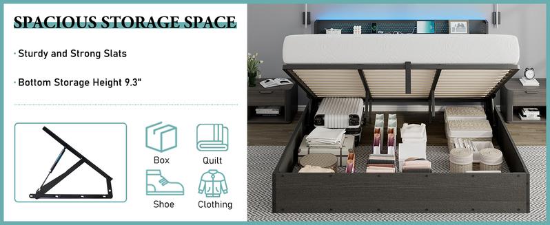 AMERILIFE Lift Up Storage Bed Frame with Linen Upholstered Headboard, Modern Platform Bed Frame with Charging Station and RGBW LED Lights,Best Gift Ideas/Christmas Gifts